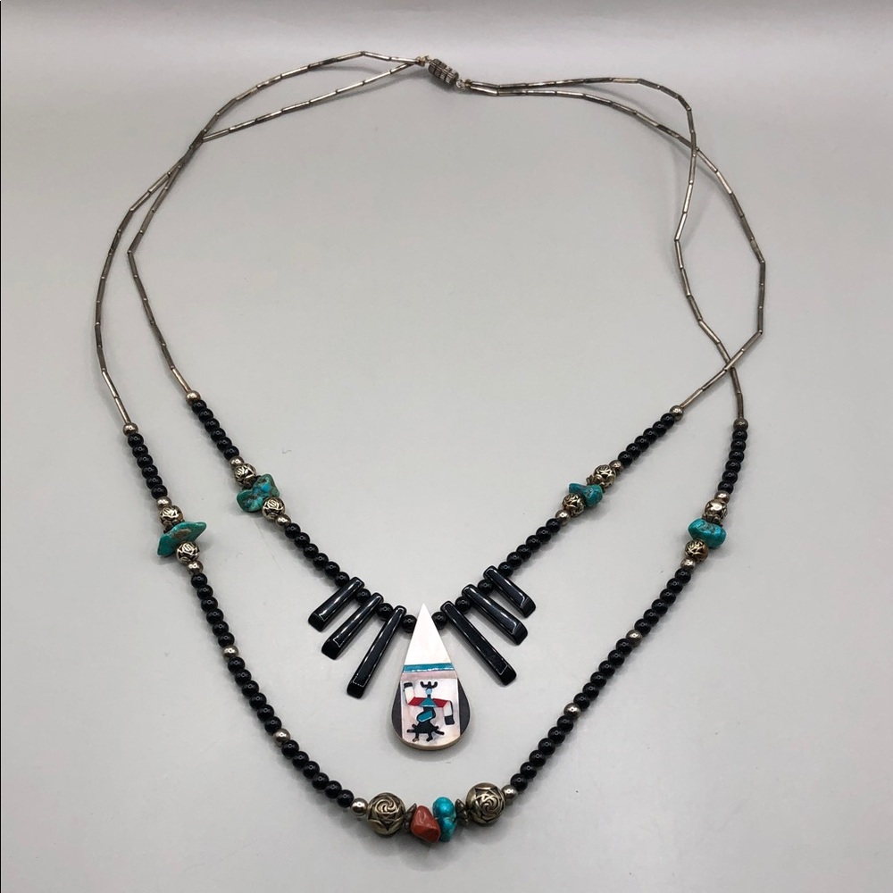 Vintage Native American Kachina Dancer Double Layer Necklace w Stones UNISEX